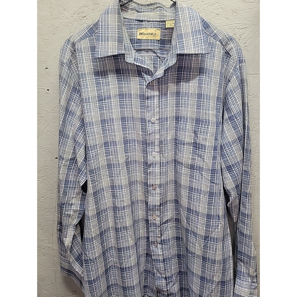 Vtg Wedgefield Men's‎ Blue Plaid Long Sleeve Button Up Shirt Polyester Blend L